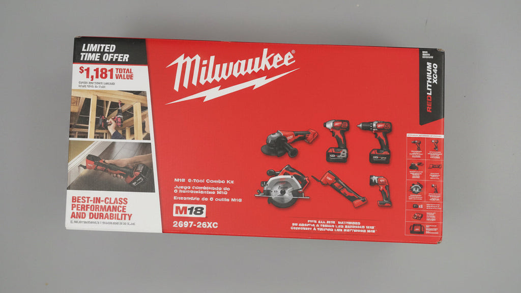 Milwaukee 2697-26XC M18 18V Kit combinado inalámbrico de 6 herramientas con 2 baterías, cargador y bolsa