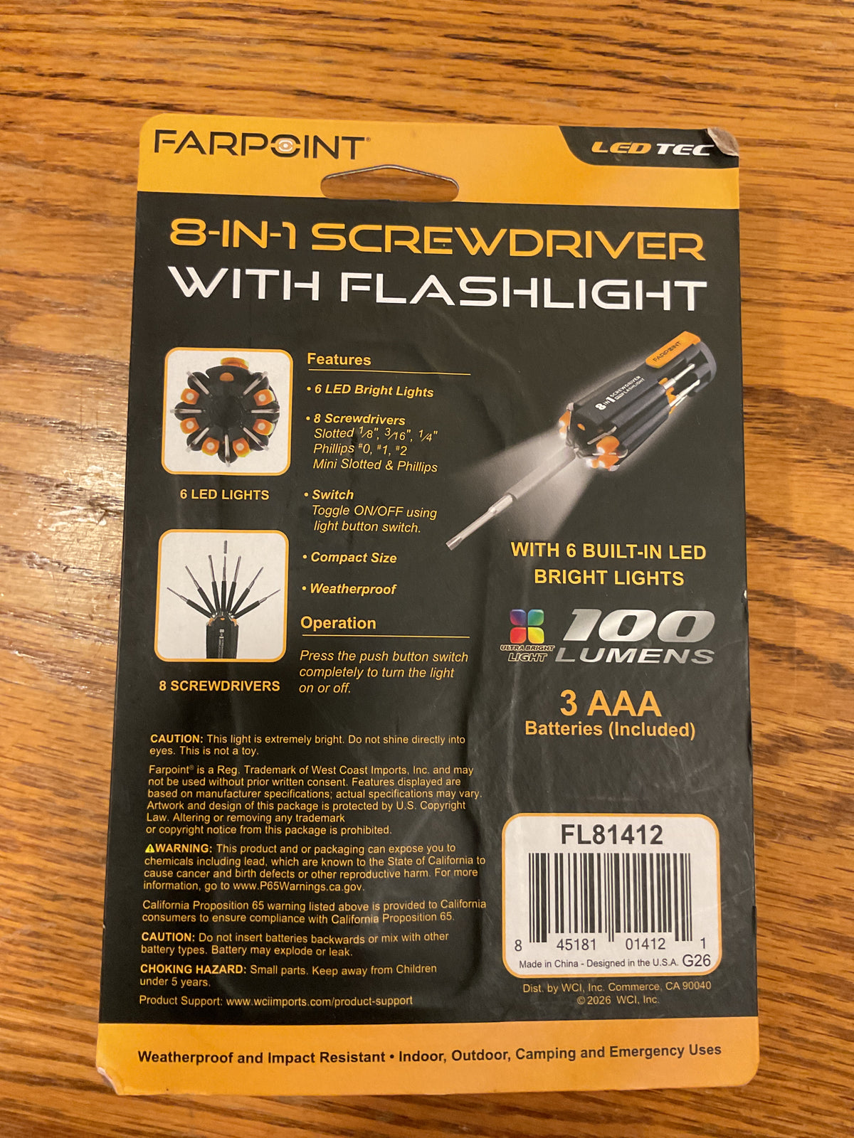 Farpoint FL81412 — 8-in-1 Multi-Function Screwdriver with 100-Lumen Flashlight — New