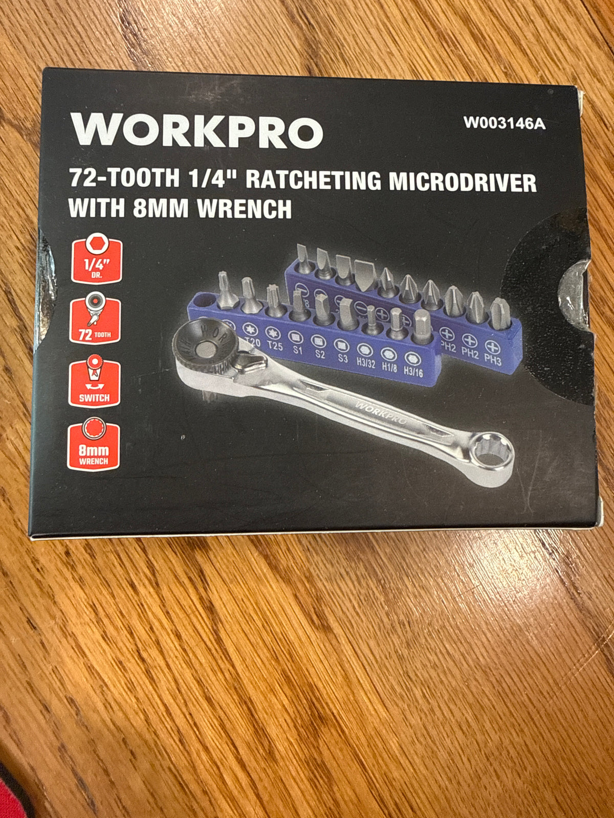 WORKPRO W003146A 72-Tooth 1/4" Ratcheting Microdriver with 8mm Wrench & Bits — NEW