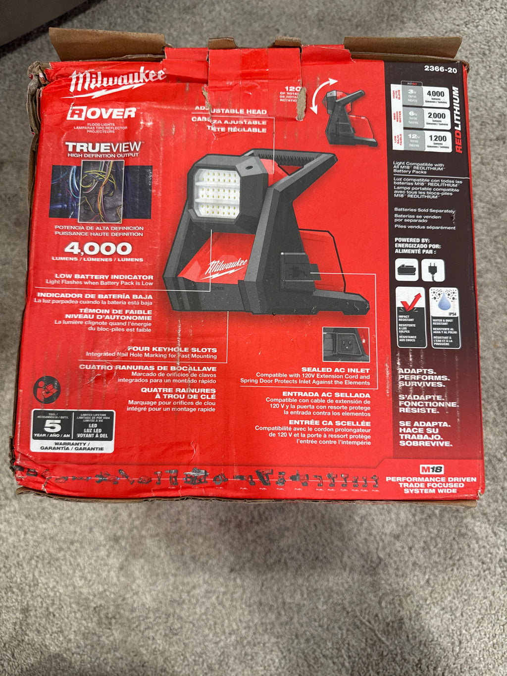 MILWAUKEE 2366-20 M18 ROVER Luz de trabajo doble potencia de 4,000 lúmenes – Solo herramienta (Precio de venta sugerido por el fabricante $179)