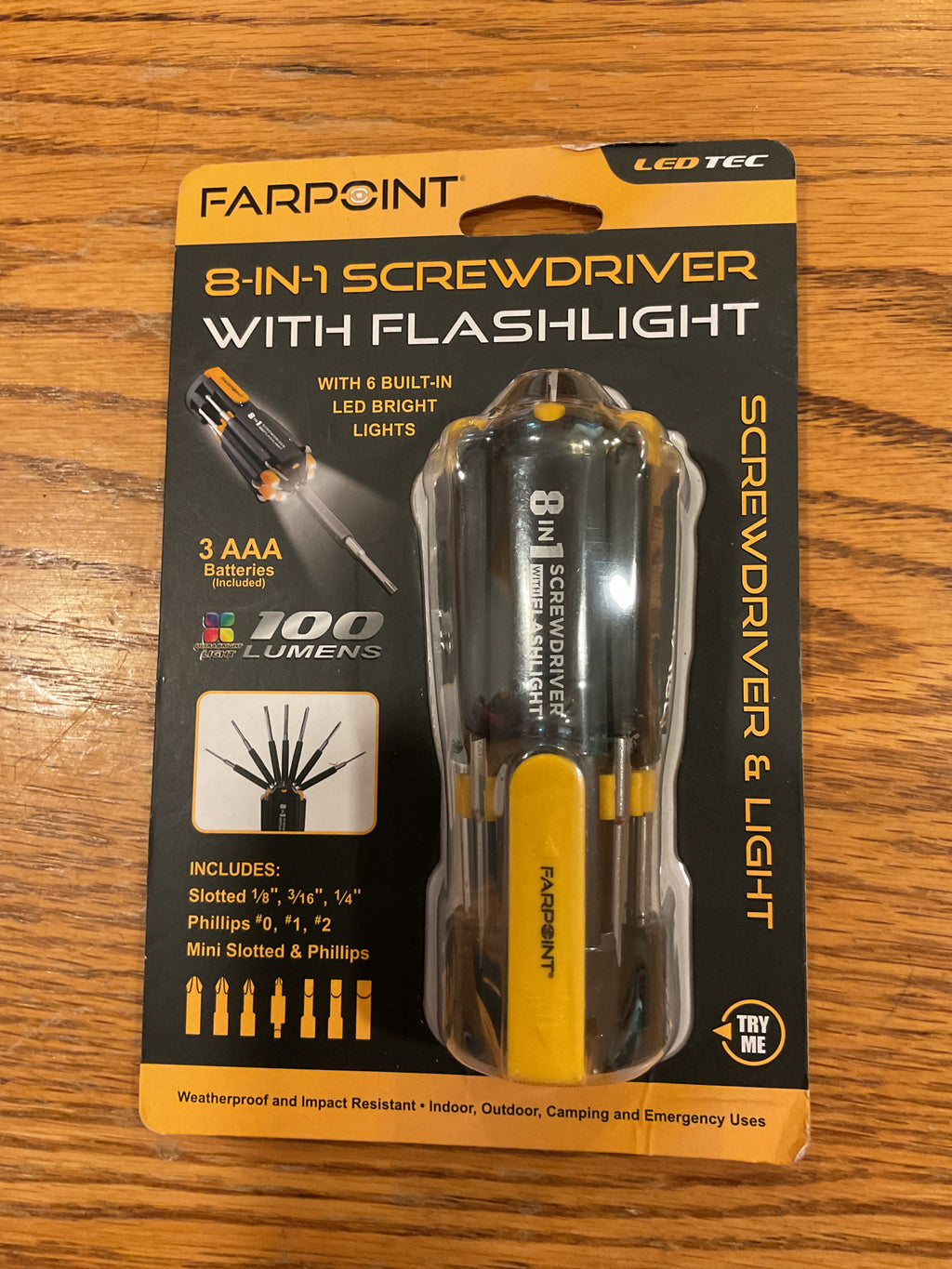 Farpoint FL81412 — 8-in-1 Multi-Function Screwdriver with 100-Lumen Flashlight — New