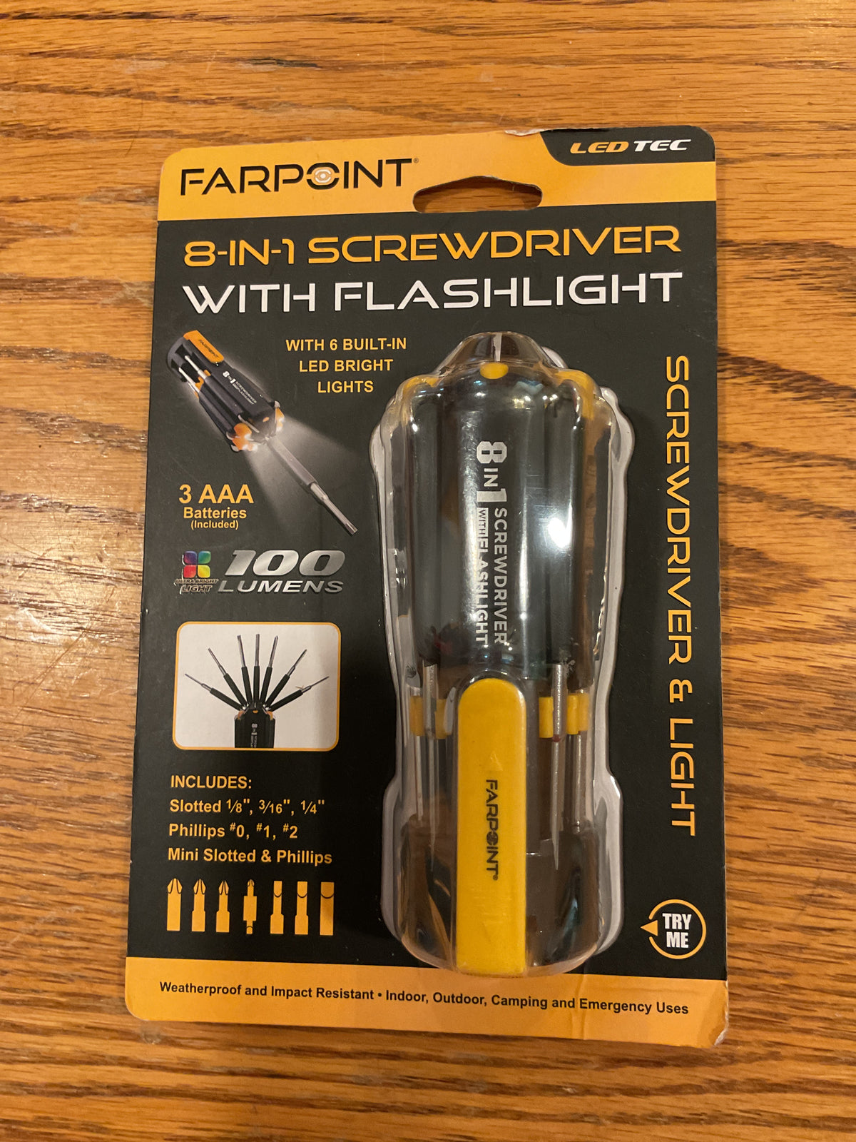 Farpoint FL81412 — 8-in-1 Multi-Function Screwdriver with 100-Lumen Flashlight — New
