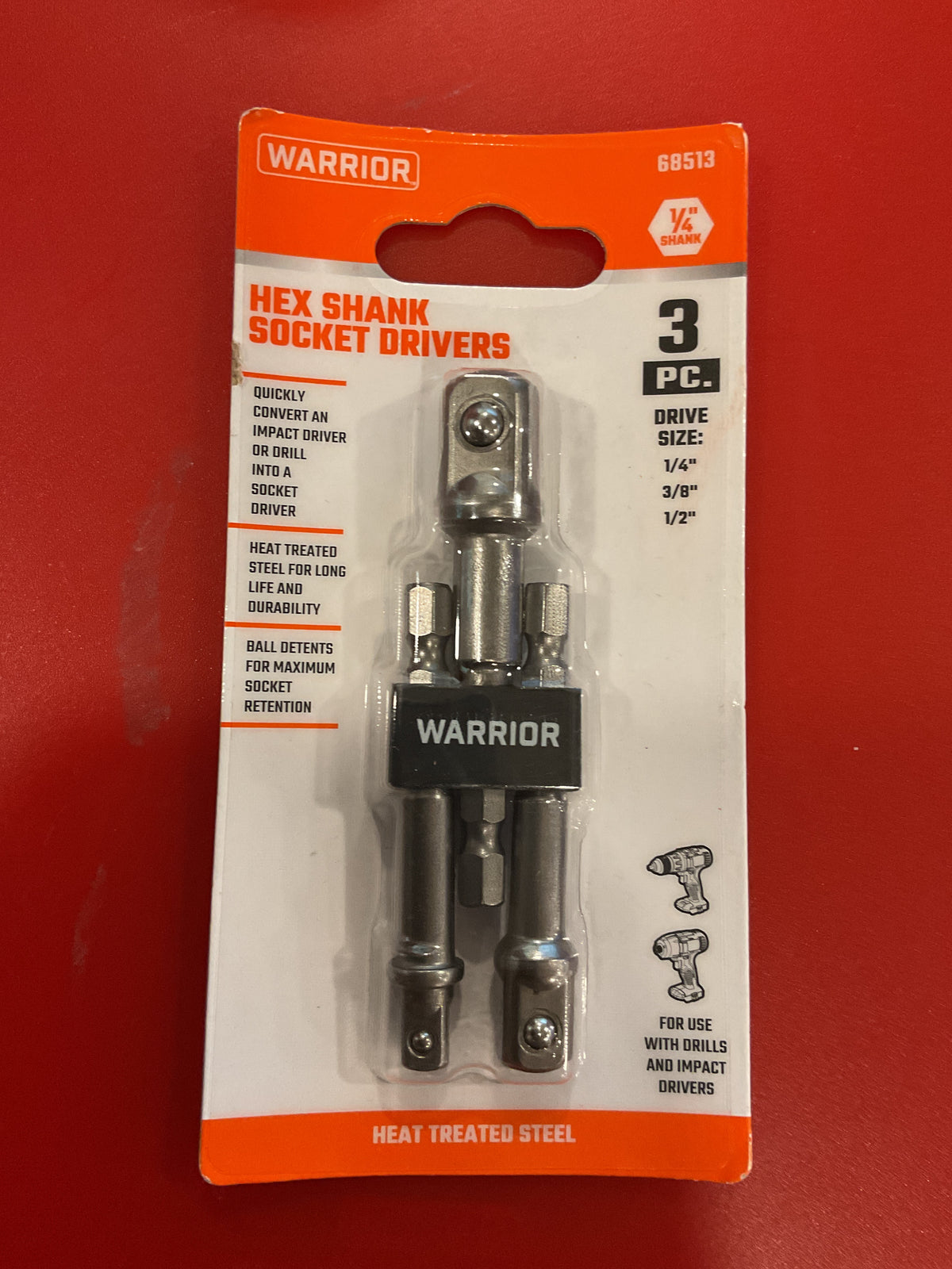 Warrior 68513 3-Piece Hex Shank Socket Adapter Set (1/4", 3/8", 1/2") — $1 START