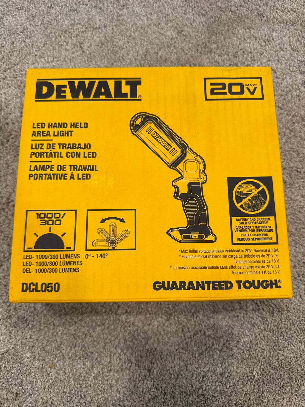 DEWALT DCL050 20V MAX Lámpara de trabajo de mano LED de 1.000 lúmenes – Solo herramienta