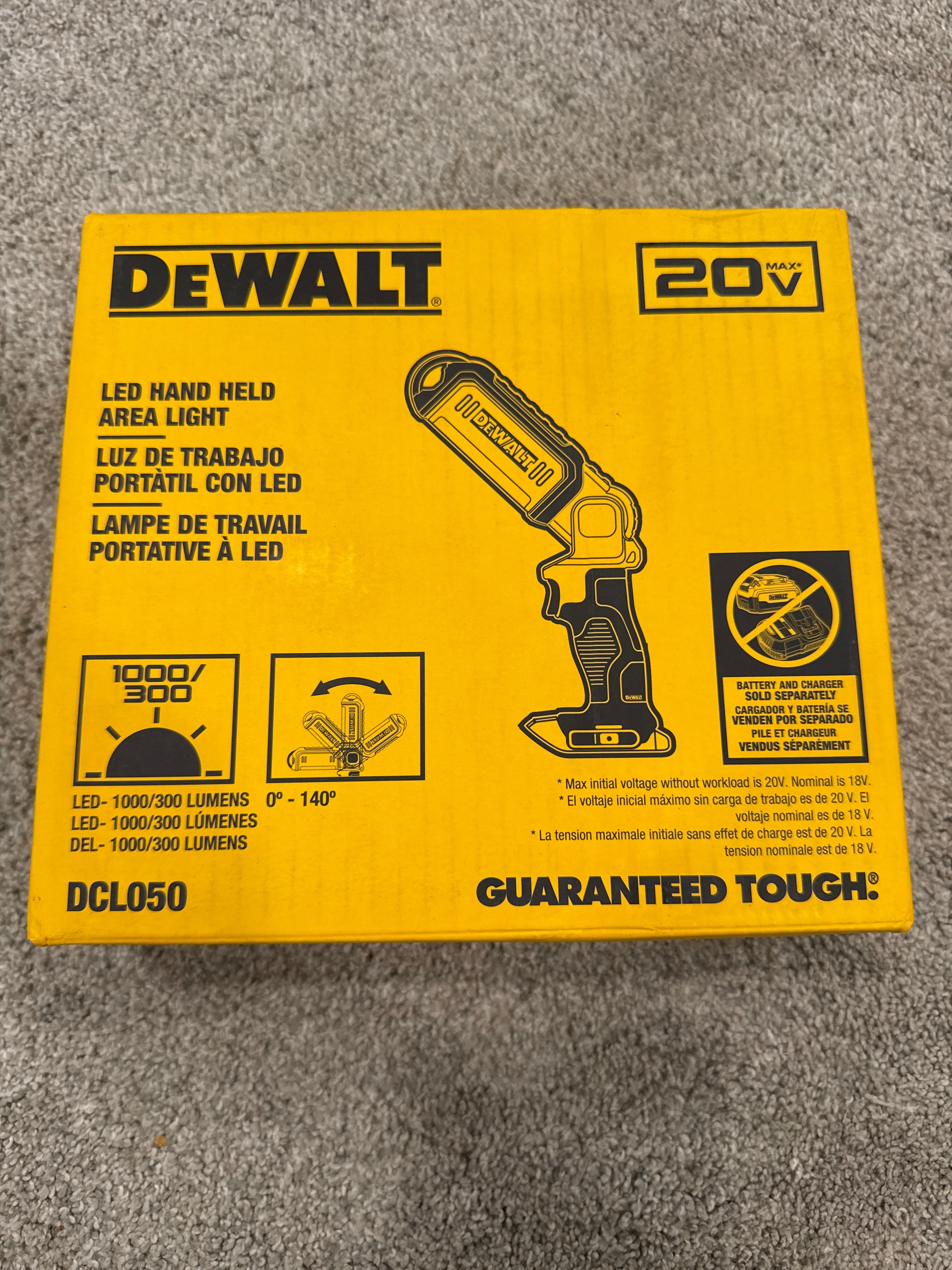 DEWALT DCL050 20V MAX Lámpara de trabajo de mano LED de 1.000 lúmenes – Solo herramienta